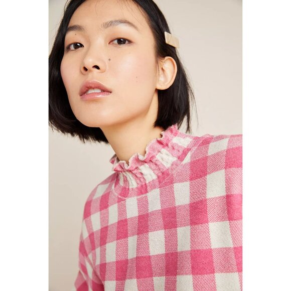 Anthropologie Ruffled Gingham Long Sleeve Pink Cozy Sweatshirt Top Eva Franco - Picture 4 of 5